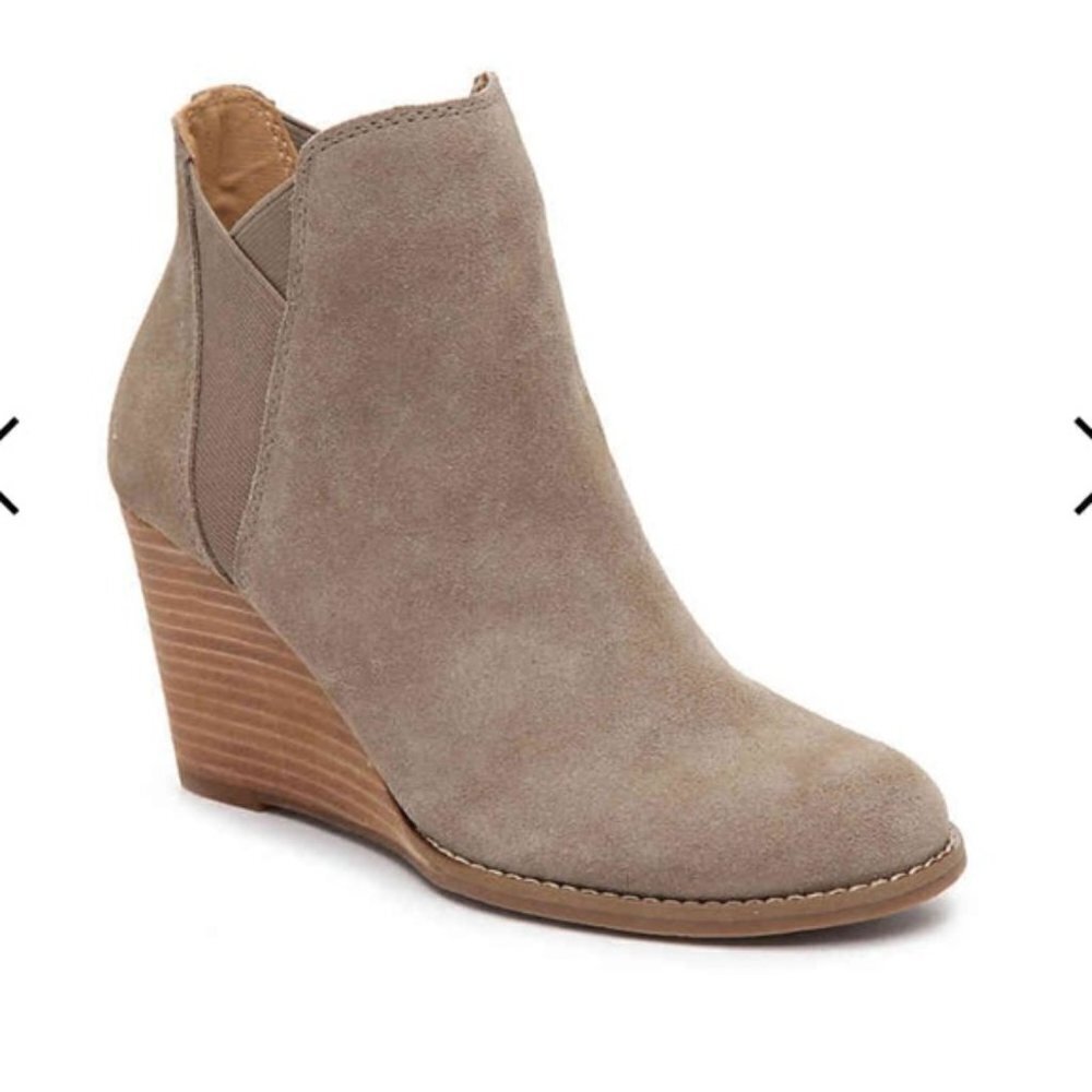 Lucky Brand LP Youse Brindle Tan Suede Cow Split Wedge Ankle Booties Boots
